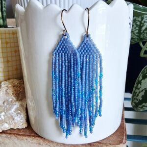 BOGO EARRINGS Blue beaded fringe cascade dangle earrings, 3.5"